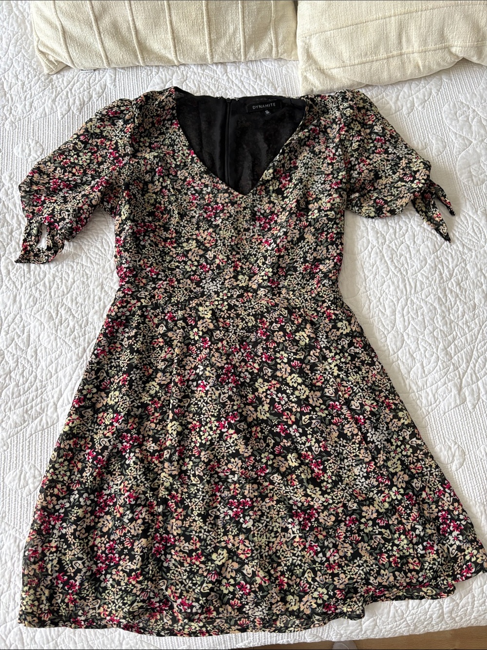 Dynamite Black Floral V-Neck Puff Sleeve Dress with Pink Accents